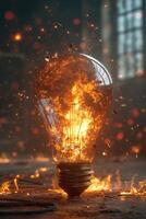 AI generated An ordinary incandescent light bulb stands on the ground and burns at night photo