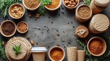 AI generated eco-friendly disposable tableware made of paper and wood on the background. the concept of recycling photo