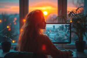AI generated Portrait of a young girl working at home at a computer by the window at sunset. The concept of a freelancer photo