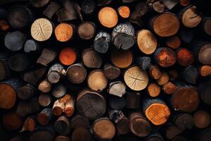 AI generated Chopped multicolored logs are stacked. A wall of firewood, a background of dry chopped firewood photo