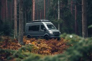 AI generated Camping in the forest of the motorhome . Holidays in a camper van photo