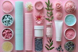 AI generated eco-friendly disposable tableware made of paper and wood on a pink background. the concept of recycling photo