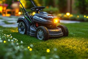 AI generated A gasoline lawn mower stands on the lawn near the house at sunset photo