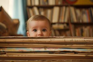 AI generated A young surprised child hides behind stacks of books photo