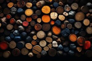 AI generated Chopped multicolored logs are stacked. A wall of firewood, a background of dry chopped firewood photo