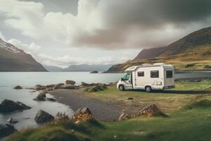 AI generated Camping near the lake in a motorhome . Camping in a camper van photo