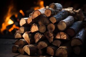 AI generated The chopped logs are in a stack. A wall of firewood, a background of dry chopped firewood photo