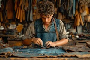 AI generated A male shoemaker working with leather fabric in his workshop photo