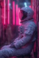 AI generated an astronaut in a white spacesuit and helmet, sitting on the floor in a red neon light photo