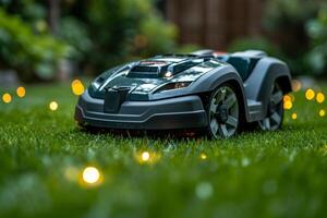 AI generated A robotic lawn mower stands on the lawn near the house after sunset photo