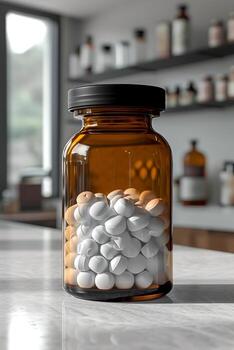 AI generated white capsules for medicines or food additives in a transparent plastic bottle are on the table. photo
