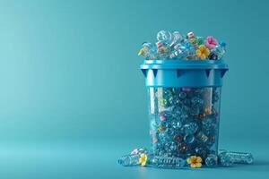 ai generado un montón de el plastico botellas en un Cubeta en un azul antecedentes foto