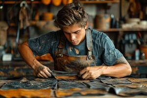 ai generado un masculino zapatero trabajando con cuero tela en su taller foto