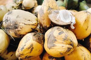 amarillo cocos son vendido en el mercado de el isla de mauricio cortar un joven Coco con makoto. muchos cocos en el mercado foto