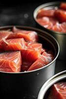 AI generated Production of canned fish. Tin cans of fish on the conveyor photo