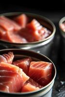 AI generated Production of canned fish. Tin cans of fish on the conveyor photo