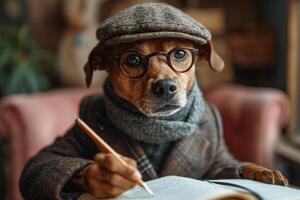 AI generated A dog in a hat and clothes reads a letter sitting in the interior photo