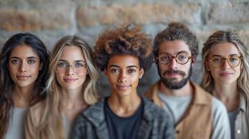 AI generated Portrait of a creative business team standing together and laughing. A group of cheerful people of different nationalities photo