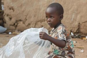 ai generado cansado pequeño africano chico recoge basura en el calle foto