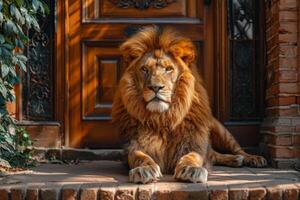 ai generado un grande león es sentado guardando el frente puerta de el casa foto