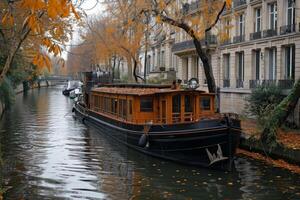 AI generated An old boat in the city canal on the water photo