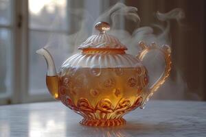 AI generated A beautiful teapot stands on the table in the interior. Making tea photo