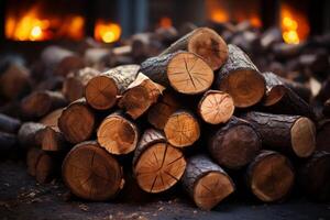 AI generated The chopped logs are in a stack. A wall of firewood, a background of dry chopped firewood photo