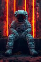 AI generated an astronaut in a white spacesuit and helmet, sitting on the floor in a red neon light photo