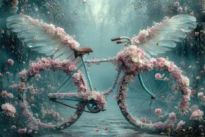 AI generated retro bike decorated with flowers on a blue background. a romantic postcard photo