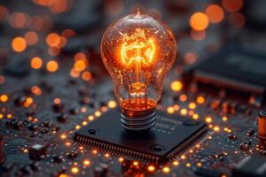 AI generated An ordinary incandescent light bulb stands on a chip and burns at night photo