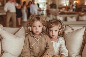 ai generado dos triste niños son sentado en el sofá con auriculares en en contra el antecedentes de su padres' fiesta foto