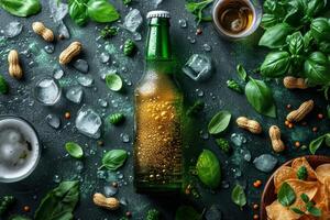 ai generado realista cerveza botella con dorado burbujas en el antecedentes con meriendas. un refrescante bebida sin un etiqueta foto