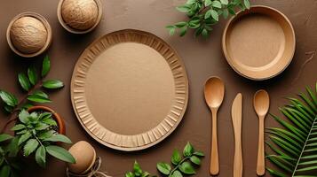 AI generated eco-friendly disposable tableware made of paper and wood on the background. the concept of recycling photo