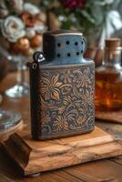 AI generated A vintage gasoline lighter for cigars stands on a stand on the table photo