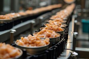 AI generated Production of canned fish. Tin cans of fish on the conveyor photo