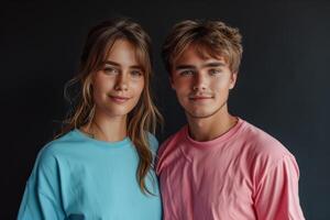 AI generated A young couple in pink and blue clothes on black . Fender party photo