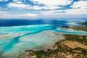 The view from the bird's eye view on the coast of Mauritius. Amazing landscapes of Mauritius.Beautiful coral reef of the island photo