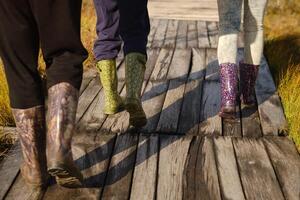 People in boots walk along a wooden path in a swamp in Yelnya, Belarus photo