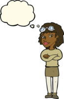 cartoon woman with crossed arms and safety goggles with thought bubble png