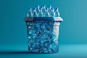 AI generated Lots of plastic bottles in a bucket on a blue background photo