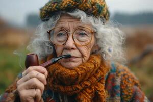 ai generado un de moda mayor mujer fuma un tubo en el calle en otoño foto