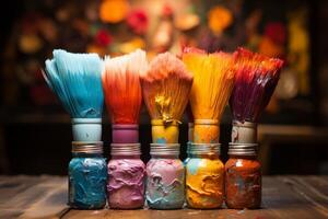 ai generado artístico cepillos manchado en pintar en un antecedentes cubierto con multicolor petróleo pinturas foto