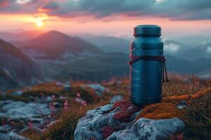 ai generado un al aire libre termo matraz soportes en un rock a puesta de sol foto