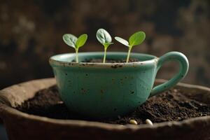 AI generated A green young plant in a flower pot, germinating seeds in a glass photo