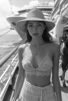 AI generated A girl in a hat standing in front of a large cruise ship. Sea voyage photo