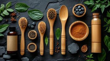 AI generated eco-friendly disposable tableware made of paper and wood with spices on a black background. the concept of recycling photo