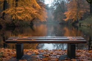 AI generated A bench in the autumn park. Autumn weather photo