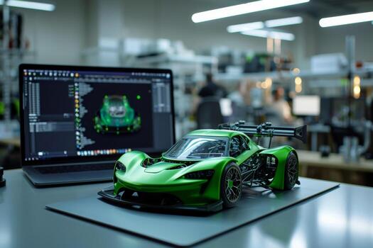 AI generated A mock-up of a modern sports car on the background of a car designer's laptop photo