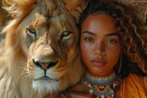 ai generado hermosa de moda joven mujer con un hermosa grande león foto