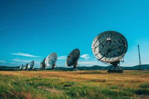 AI generated A field with large satellite antennas. The concept of communication with space photo